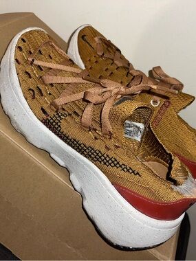 Nike Mustard Knit Platform Sneakers with Black Swoosh and Red Heel